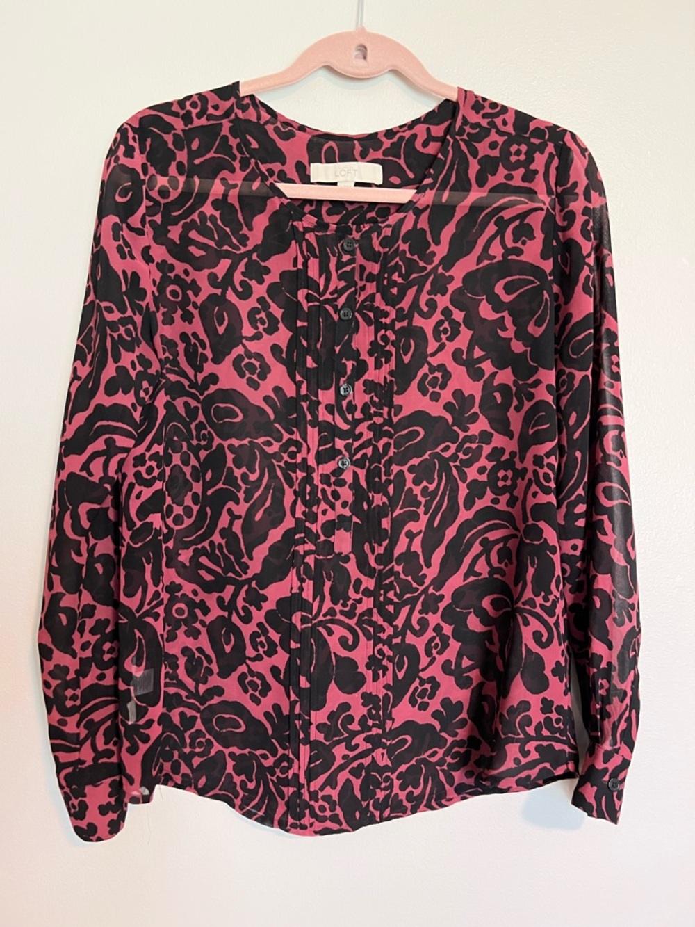 LOFT Black and Pink Printed Button-Front Blouse